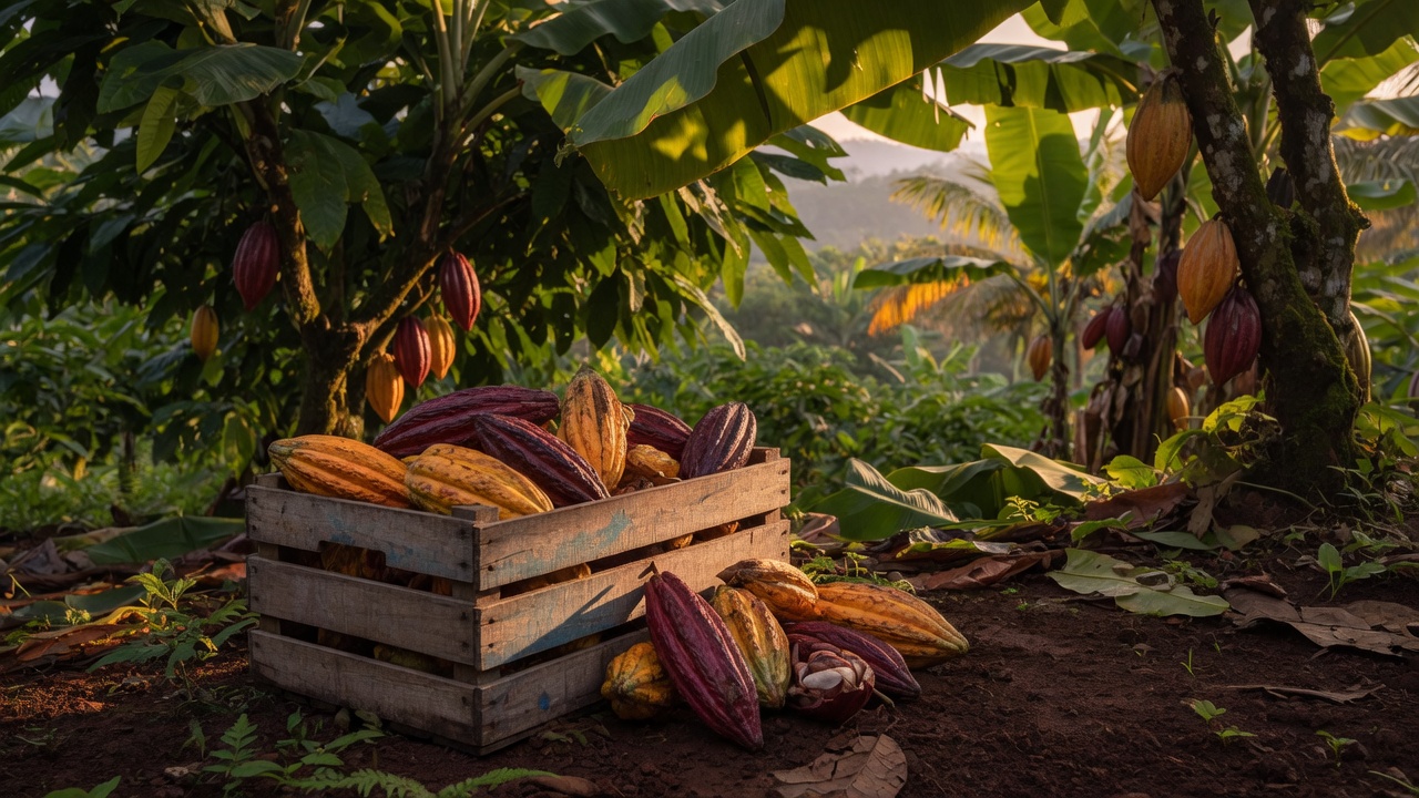 Harvested cacao pods in a wooden crate under cacao and banana trees at golden hour.