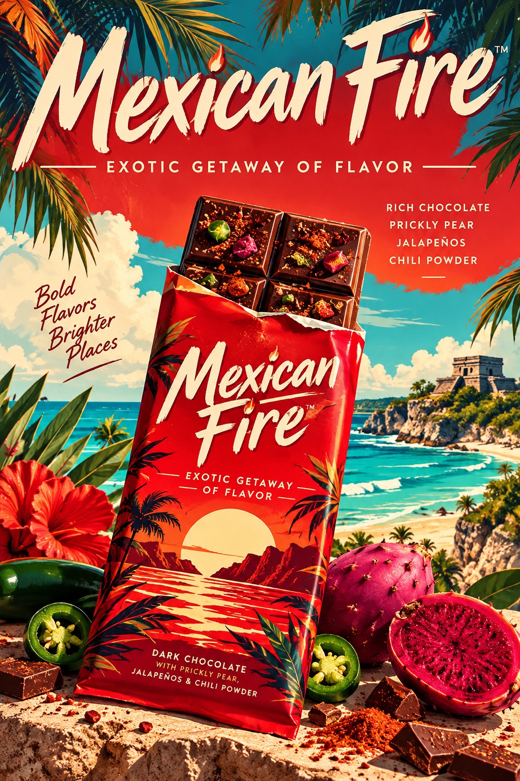 Mexican Fire Classic Fire bar on limestone beside hibiscus, jalapeños, and prickly pear, with a Cancún beach behind it.