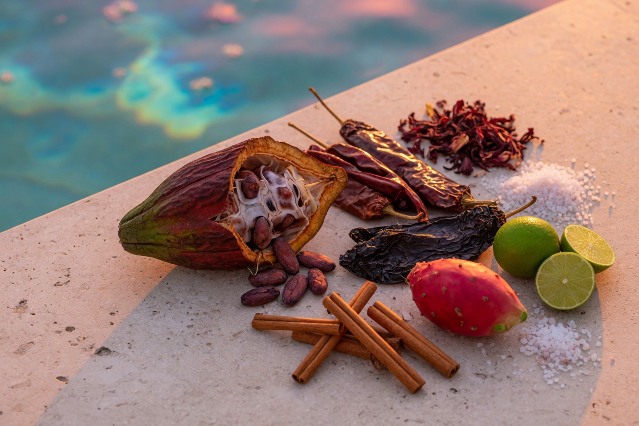 Open cacao pod, dried chiles, prickly pear, cinnamon, limes, hibiscus, and sea salt on limestone beside turquoise water.
